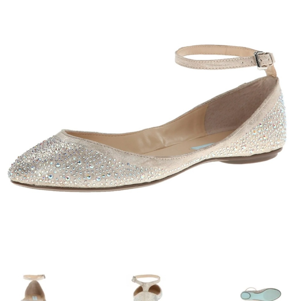 BETSEY JOHNSON Sparkling Gem Stone Champagne Gold Ankle Strap Flats